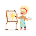 Flat vector illustration of little girl painting on canvas. Kid interested in becoming painter. Dream profession concept