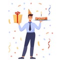 Flat vector illustration. Man in office clothes holding a cake and a gift. Confetti