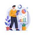 Analytic Dashboard Review: Man examines data on phone surrounded by plants and charts Royalty Free Stock Photo