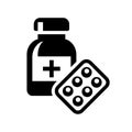 Flat vector illustration of medicine bottle and medicine in tablet packaging. Royalty Free Stock Photo