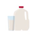 Flat vector illustration of milk in plastic gallon jug with red cap. and glass of milk. Isolated on white background.