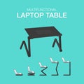 Flat vector illustration of multifunctional portable laptop table. Furniture for easy working.