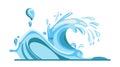 Flat vector illustration of an ocean wave in shades of blue the wave seems to rise and crash creating a dynamic water