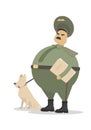 Flat vector illustration of officer in the military clothes with the dog.