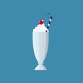 Flat vector illustration of old fashioned milkshake cocktail with whipped cream and cherry on top. Isolated on blue background