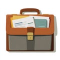 Flat vector illustration of an open brown briefcase overflowing with documents and papers. Royalty Free Stock Photo