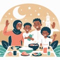 flat vector illustration of people breaking the fast. Illustration of Muslim families are breaking the fast together