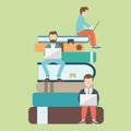 Flat vector illustration of people sitting on the big books and reading for self education. E-learning concept illustration of you Royalty Free Stock Photo