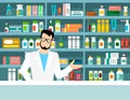 Flat vector illustration pharmacist pharmacy shelves medicines