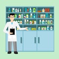 Flat vector illustration pharmacist pharmacy shelves medicines