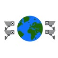 Flat vector illustration of planet Earth surrounded by surveillance cameras