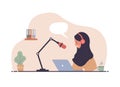 Flat vector illustration of podcast. Islamic woman in headphones at table recording audio broadcast.