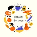 Flat vector illustration of Potassium rich foods. Green vegetables. Round composition