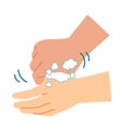 A vector illustration of proper hand washing procedures, step 6, twist your thumb and palm.