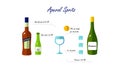 Flat vector. Recipe Aperol spritz. Bottles, ice, glass, orange on a white background