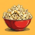 Flat vector illustration of a red bowl filled with fluffy popcorn, isolated on yellow. Royalty Free Stock Photo