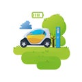 Flat vector illustration of a red electric car charging at the charger station Vector Electric car infographic with icons