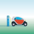 Flat vector illustration of a red electric car charging at the charger station Vector Electric car infographic with icons