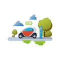 Flat vector illustration of a red electric car charging at the charger station Vector Electric car infographic with icons