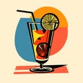 Flat vector illustration of a refreshing cocktail with lemon slices and a straw in a retro style. Royalty Free Stock Photo