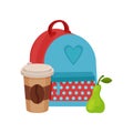 Flat vector illustration of school lunch. Backpack, coffee in plastic cup with lid and ripe pear