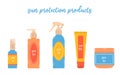 Flat vector illustration with set of different flacons and tube SPF cream on white background.