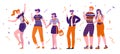 Flat vector illustration with set happy, fashionable, young people who are united in group.