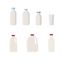 Flat vector illustration set of milk, kefir in different plastic packages and bottles. Isolated on white background. Royalty Free Stock Photo