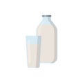 Flat vector illustration set of milk, kefir iin old fashioned glass bottle and glass of milk. Isolated on white Royalty Free Stock Photo