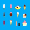 Flat vector illustration of set of various types of ice cream including frozen yogurt, gelato, soft serve, waffle cones Royalty Free Stock Photo