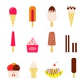 Flat vector illustration of set of various types of ice cream including frozen yogurt, gelato, soft serve, waffle cones Royalty Free Stock Photo