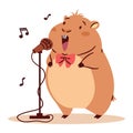 Flat vector illustration in a simple children's style. Cute hamster singing into microphone, notes Royalty Free Stock Photo