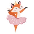 Flat vector illustration in a simple children's style on a white background. A cute fox in a ballet tutu is dancing Royalty Free Stock Photo