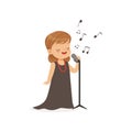 Flat vector illustration of singing little girl with retro microphone isolated on white. Kid dreaming to become famous