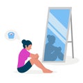 Flat vector illustration of a skinny girl with low self-esteem sitting in front of a mirror. The girl looks into her