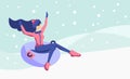 Flat vector illustration of a slim girl slides off a snow slide on a tubing holding her arms up. Young woman in hat Royalty Free Stock Photo