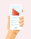 Hand holds the smartphone with financial value drop chart. Flat vector modern phone mock-up illustration Royalty Free Stock Photo