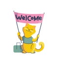 The flat vector illustration of a smiling cartoonish cat with lettering phrase - Welcome