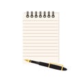 Flat vector illustration of spiral notepad with lines with space for text and fountain ink pen. Note taking concept Royalty Free Stock Photo