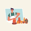 Flat vector illustration of stylish young man making pottery. Ceramist skill. Pottery courses online. Creative hobby.