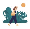 Flat vector illustration of summer hot weather isolated on white background. Young woman in jumpsuit walking in park