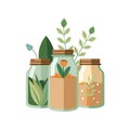 Three Jars with Plants, Greenery and Earthy Tones, Flat Vector Illustration on White Background Royalty Free Stock Photo