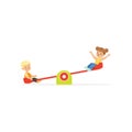 Flat vector illustration of toddler boy and girl having fun on rocking seesaw. Kids playing outdoor game together on Royalty Free Stock Photo