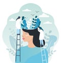 flat vector illustration on the topic of mental health. meditation. the head of a young girl from which flowers grow