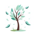 Stylized vector tree with leaves blowing in wind in teal and brown on white Royalty Free Stock Photo