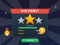 A flat vector illustration of a video game victory screen featuring a large orange star, score details, a level progress Royalty Free Stock Photo
