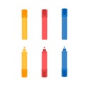 Flat vector illustration of yellow, red and blue highlighter marker pens. Isolated on white background Royalty Free Stock Photo