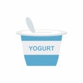 Flat vector illustration yoghurt cream icon. Colored yogurt cup with a spoon isolated on white background. Vector element can be