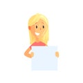 Flat vector illustration of young female with blank placard in hands. Cartoon blond girl character with broad smile Royalty Free Stock Photo