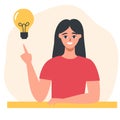 Flat vector illustration. A young girl sits at a table with her finger up, a light bulb symbolizing an idea. The concept Royalty Free Stock Photo